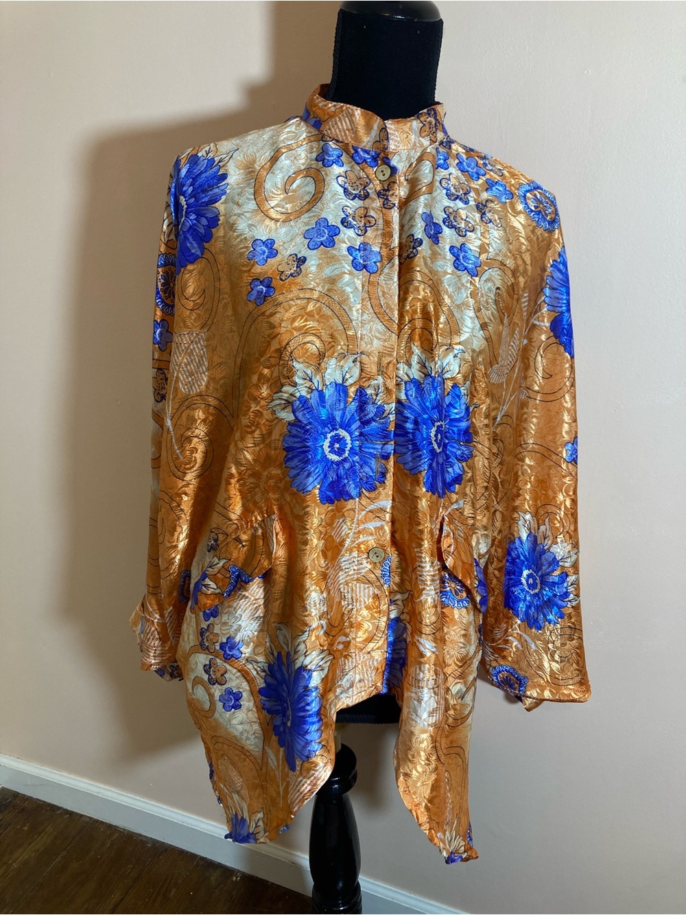 Gold and Royal Blue Floral Button-Down Top